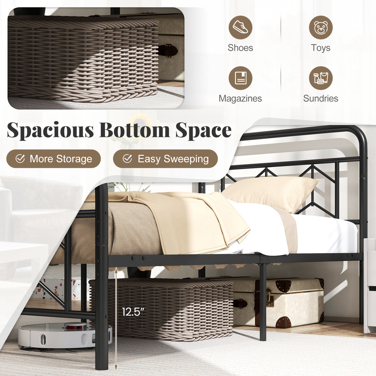 Platform Bed with High Headboard and Snap Lock Metal Slats-Twin Size-Simple Bed Frame-DECOROLALA