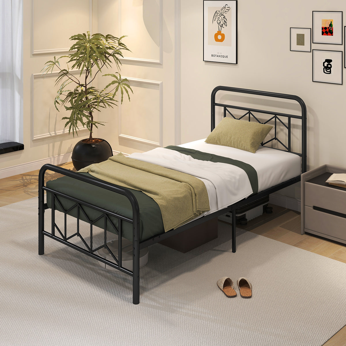 Platform Bed with High Headboard and Snap Lock Metal Slats-Twin Size-Simple Bed Frame-DECOROLALA