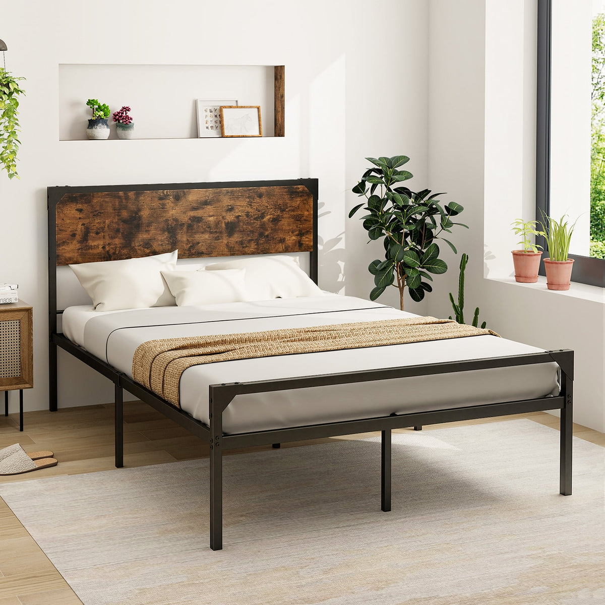 Platform Full/Queen Bed with Rustic Headboard and Footboard-Full Size-Simple Bed Frame-DECOROLALA