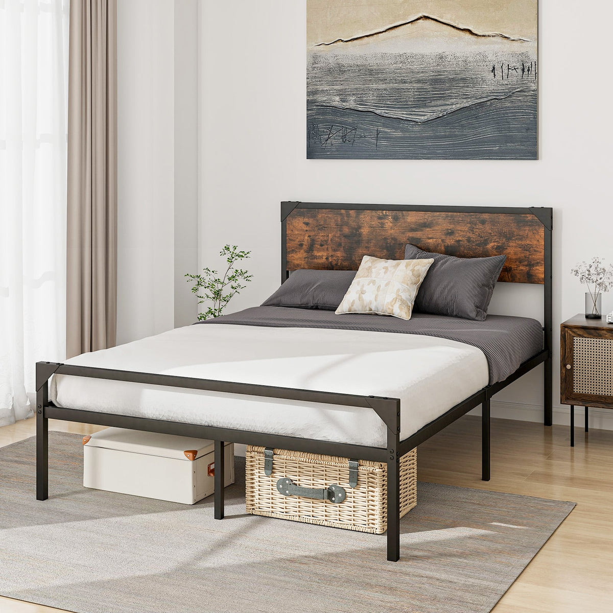Platform Full/Queen Bed with Rustic Headboard and Footboard-Full Size-Simple Bed Frame-DECOROLALA