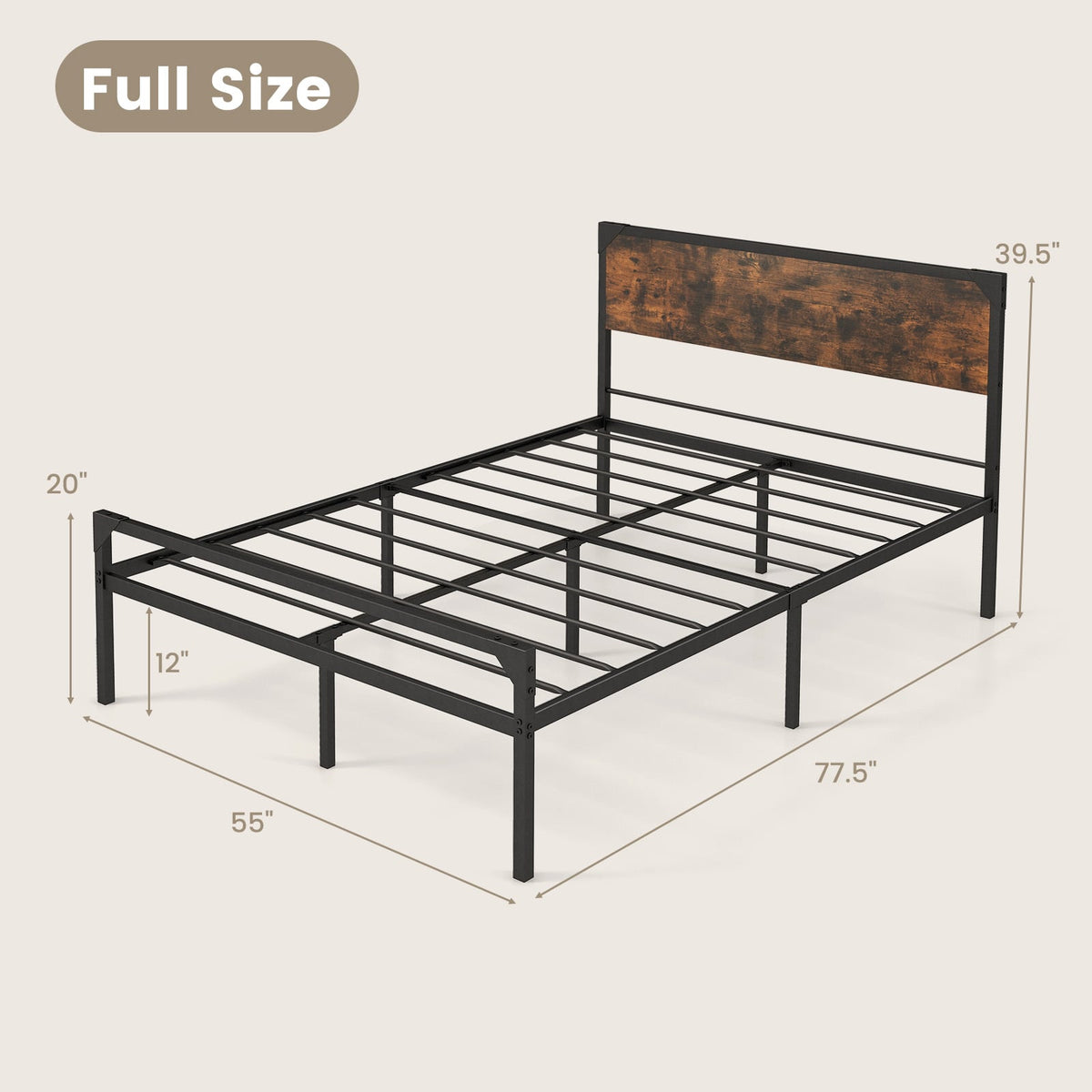 Platform Full/Queen Bed with Rustic Headboard and Footboard-Full Size-Simple Bed Frame-DECOROLALA