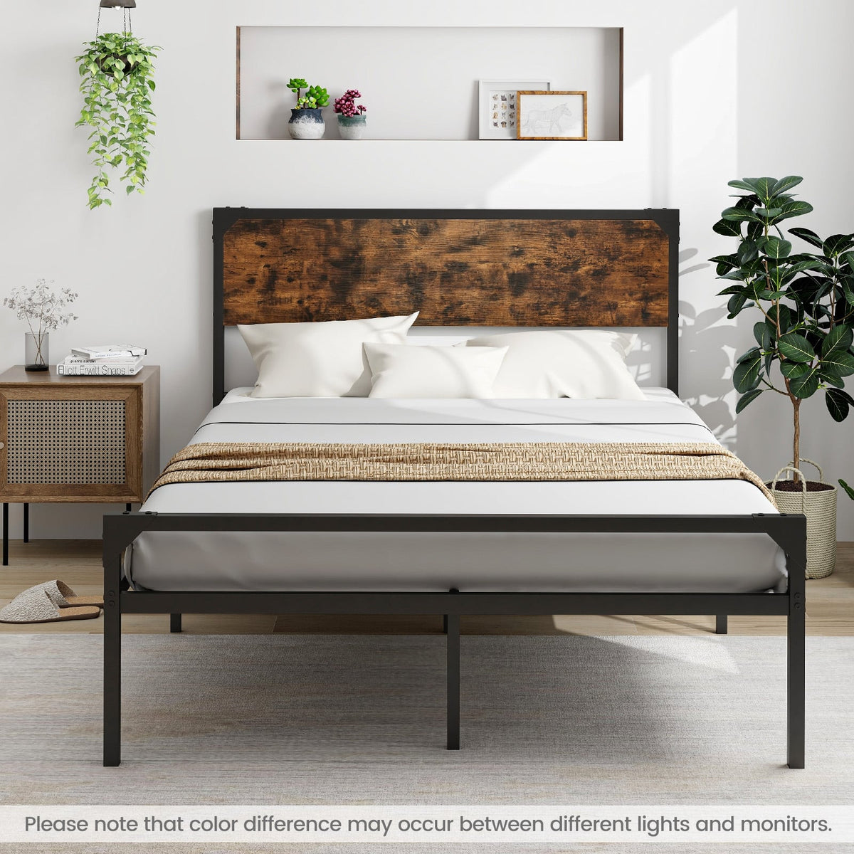Platform Full/Queen Bed with Rustic Headboard and Footboard-Full Size-Simple Bed Frame-DECOROLALA