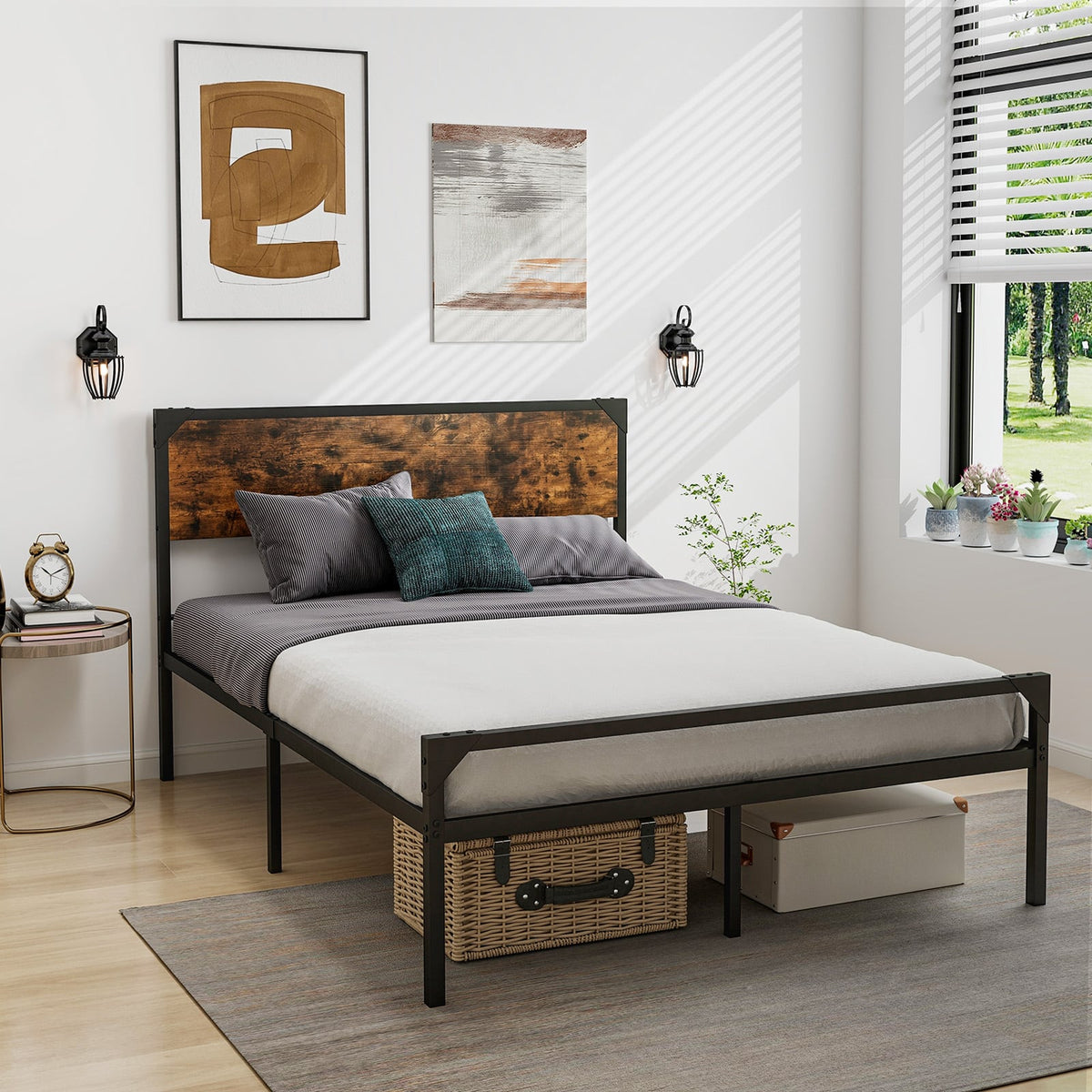 Platform Full/Queen Bed with Rustic Headboard and Footboard-Full Size-Simple Bed Frame-DECOROLALA