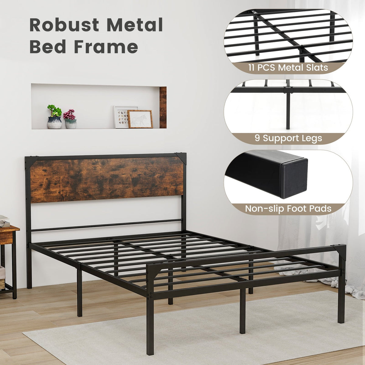 Platform Full/Queen Bed with Rustic Headboard and Footboard-Full Size-Simple Bed Frame-DECOROLALA