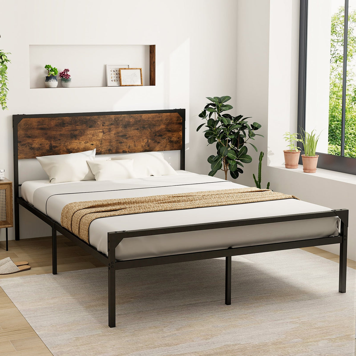 Platform Full/Queen Bed with Rustic Headboard and Footboard-Queen Size-Simple Bed Frame-DECOROLALA