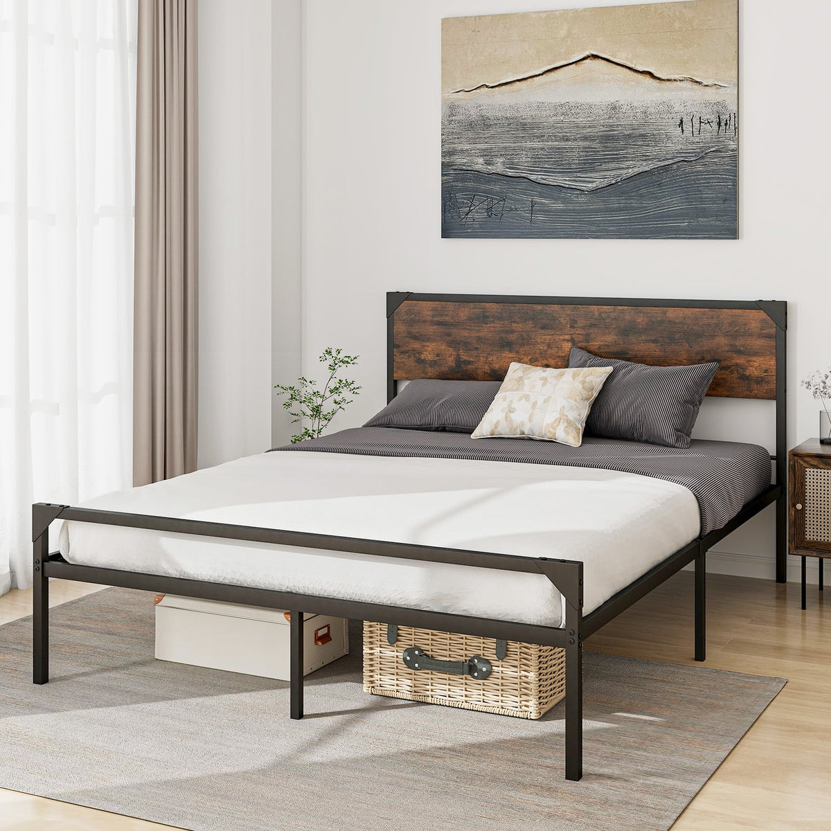 Platform Full/Queen Bed with Rustic Headboard and Footboard-Queen Size-Simple Bed Frame-DECOROLALA