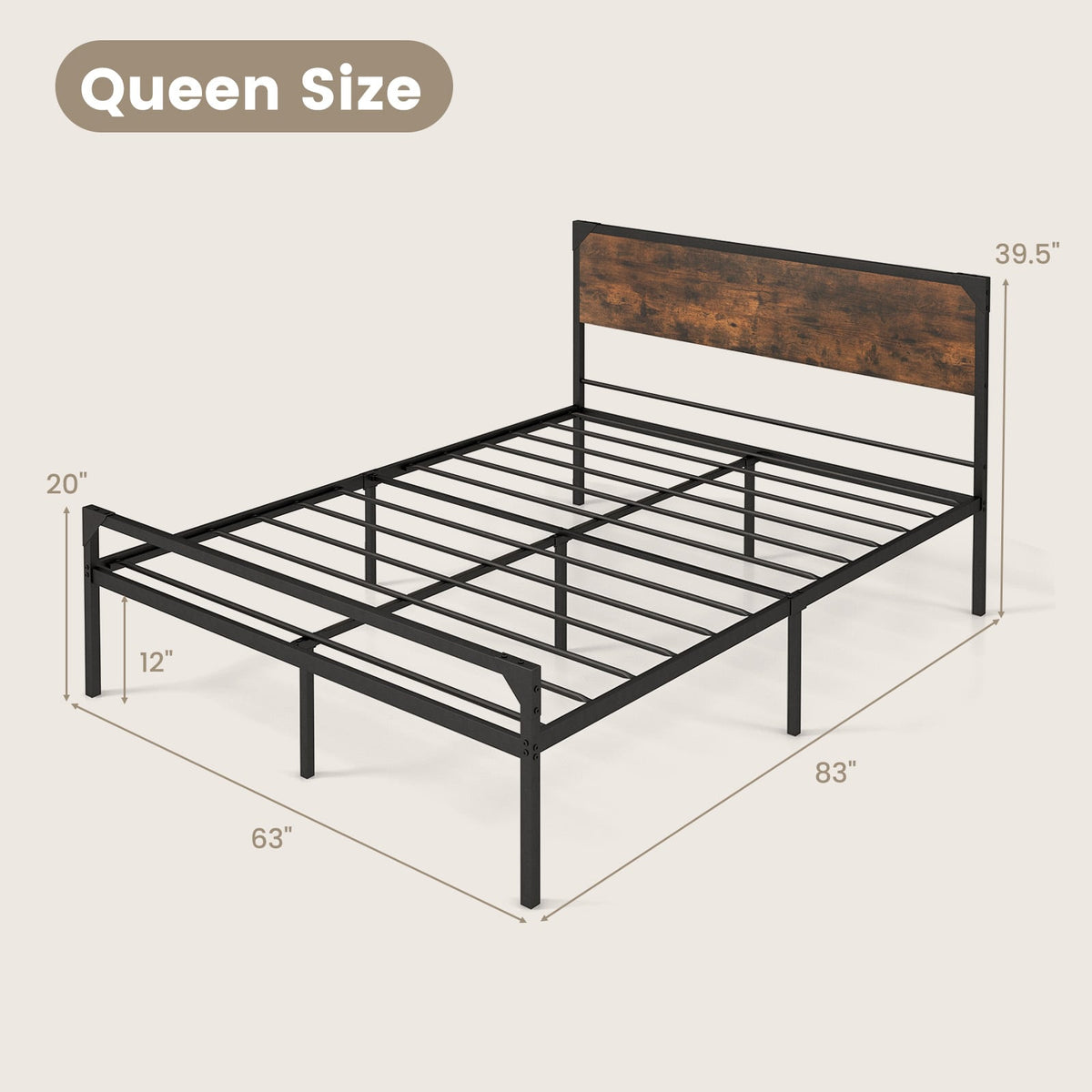 Platform Full/Queen Bed with Rustic Headboard and Footboard-Queen Size-Simple Bed Frame-DECOROLALA