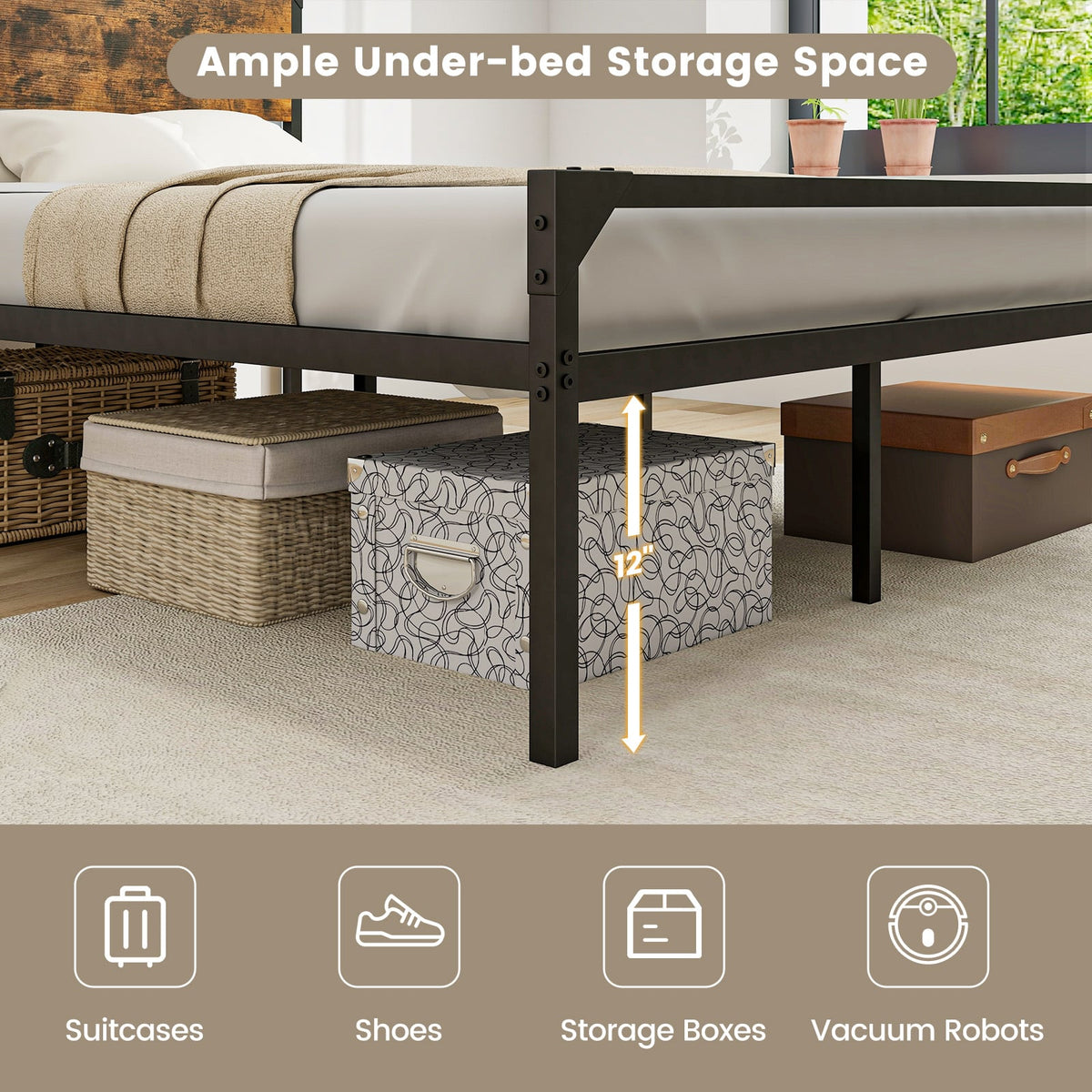 Platform Full/Queen Bed with Rustic Headboard and Footboard-Queen Size-Simple Bed Frame-DECOROLALA