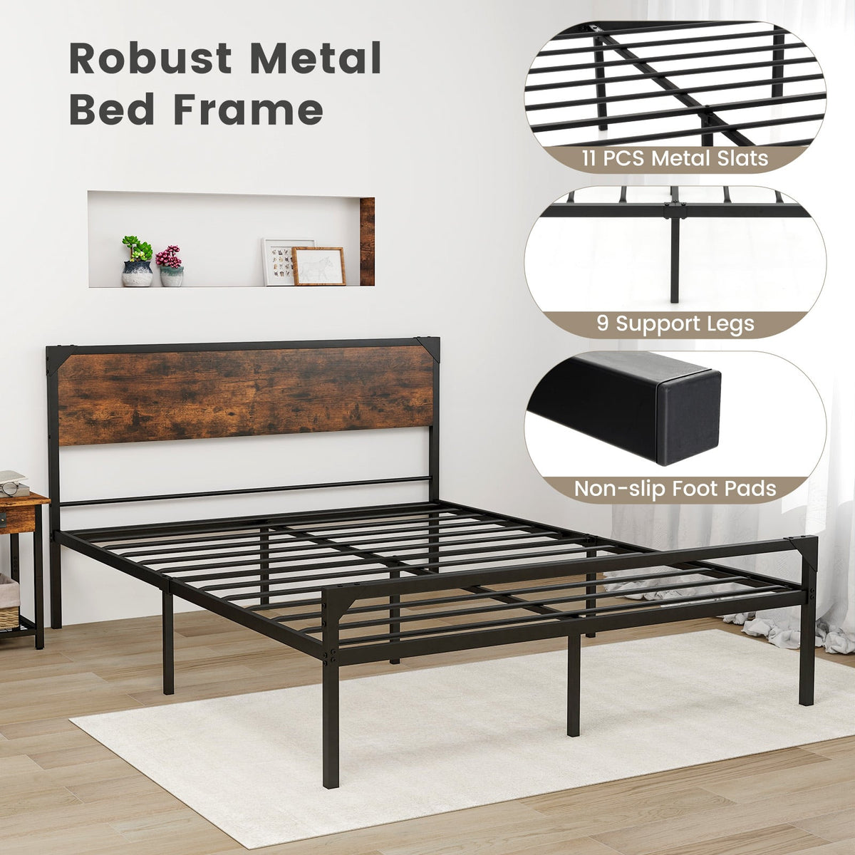 Platform Full/Queen Bed with Rustic Headboard and Footboard-Queen Size-Simple Bed Frame-DECOROLALA