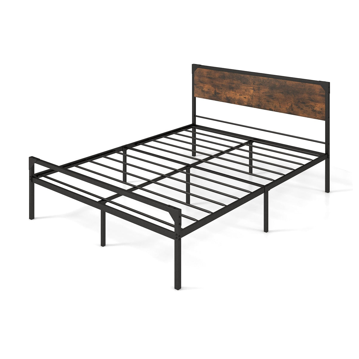 Platform Full/Queen Bed with Rustic Headboard and Footboard-Queen Size-Simple Bed Frame-DECOROLALA