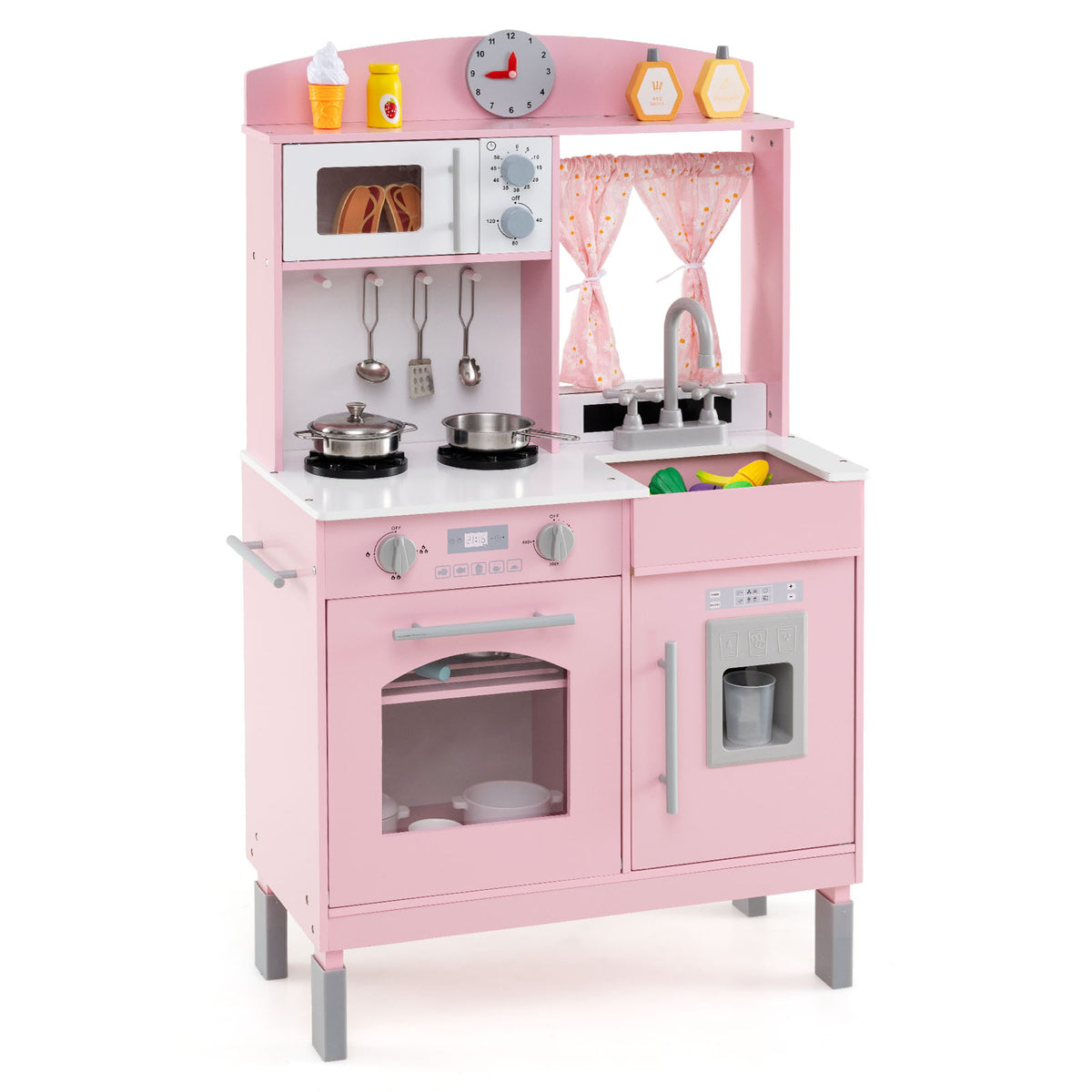 Play Kitchen for Kids Wooden Chef Pretend Playset with 3 Adjustable Heights Microwave