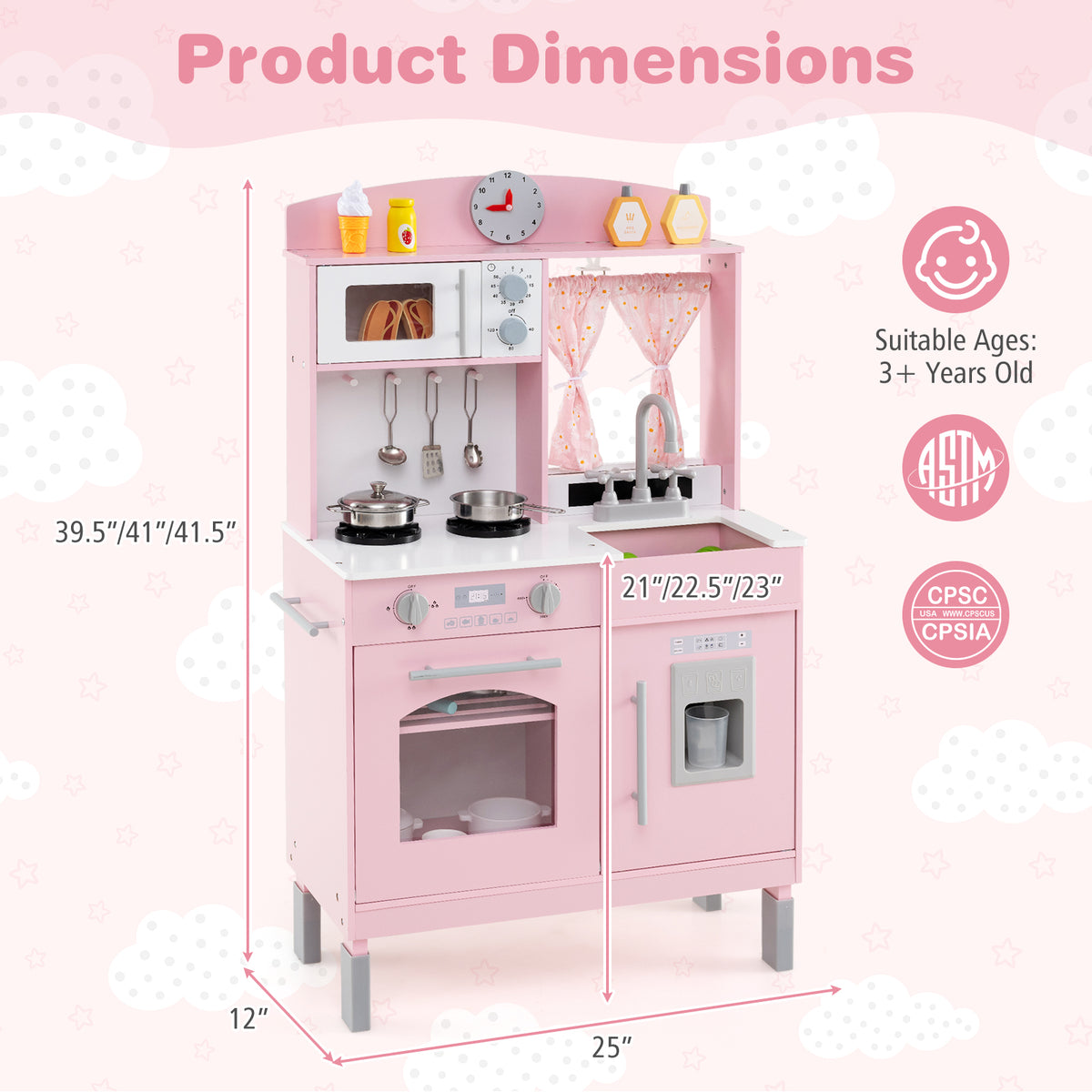 Play Kitchen for Kids Wooden Chef Pretend Playset with 3 Adjustable Heights Microwave