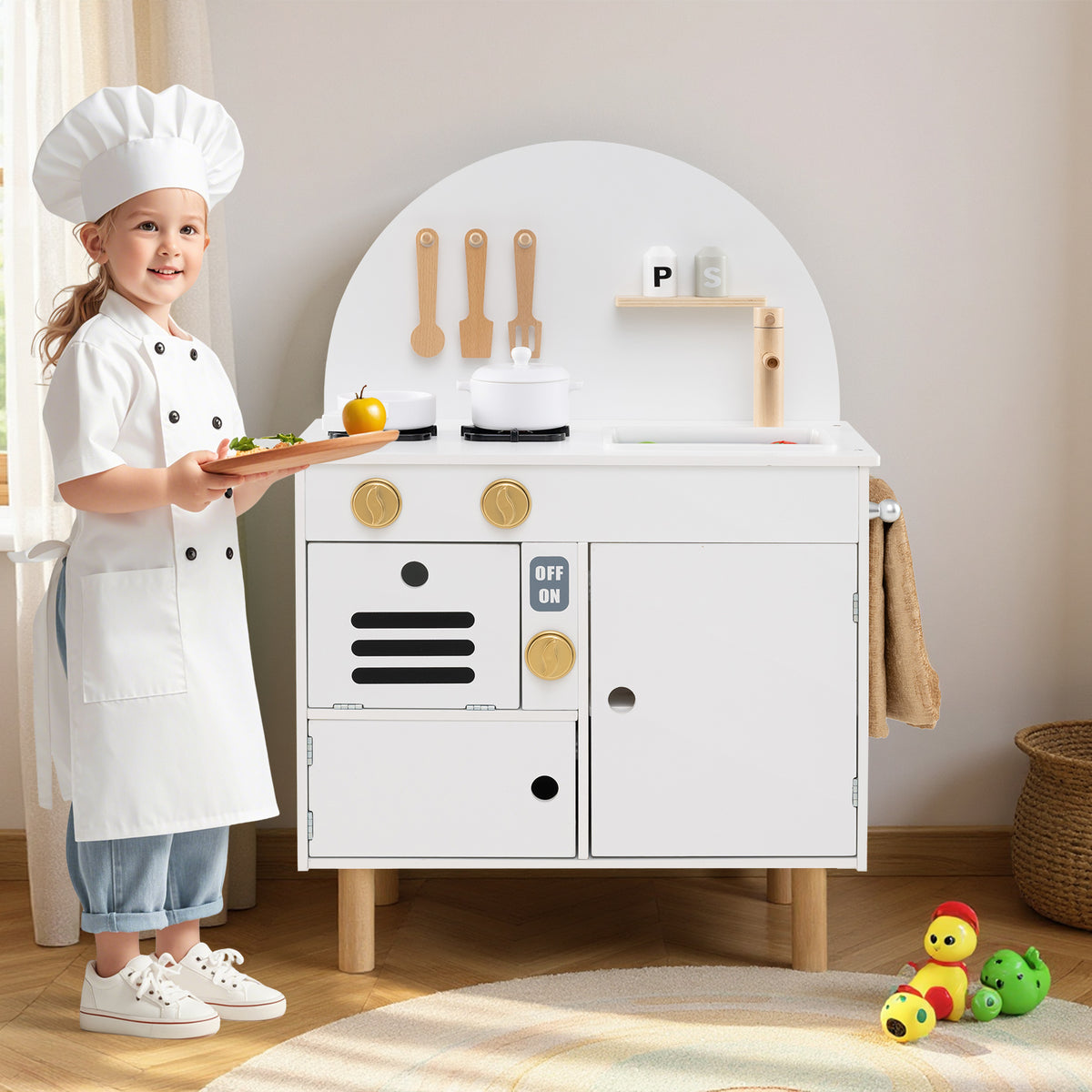 Play Kitchen for Kids Wooden Kitchen Playset with Stoves Faucet Sink Microwave and Oven