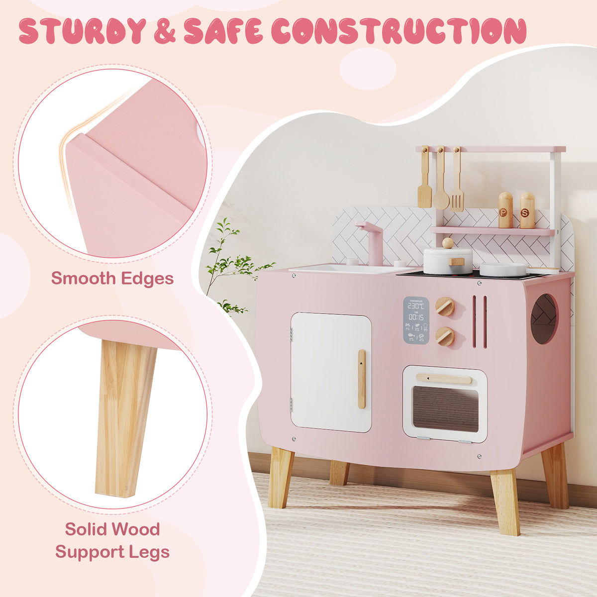 Cuisine jouet en bois pour enfants avec plaques de cuisson, évier, robinet et four