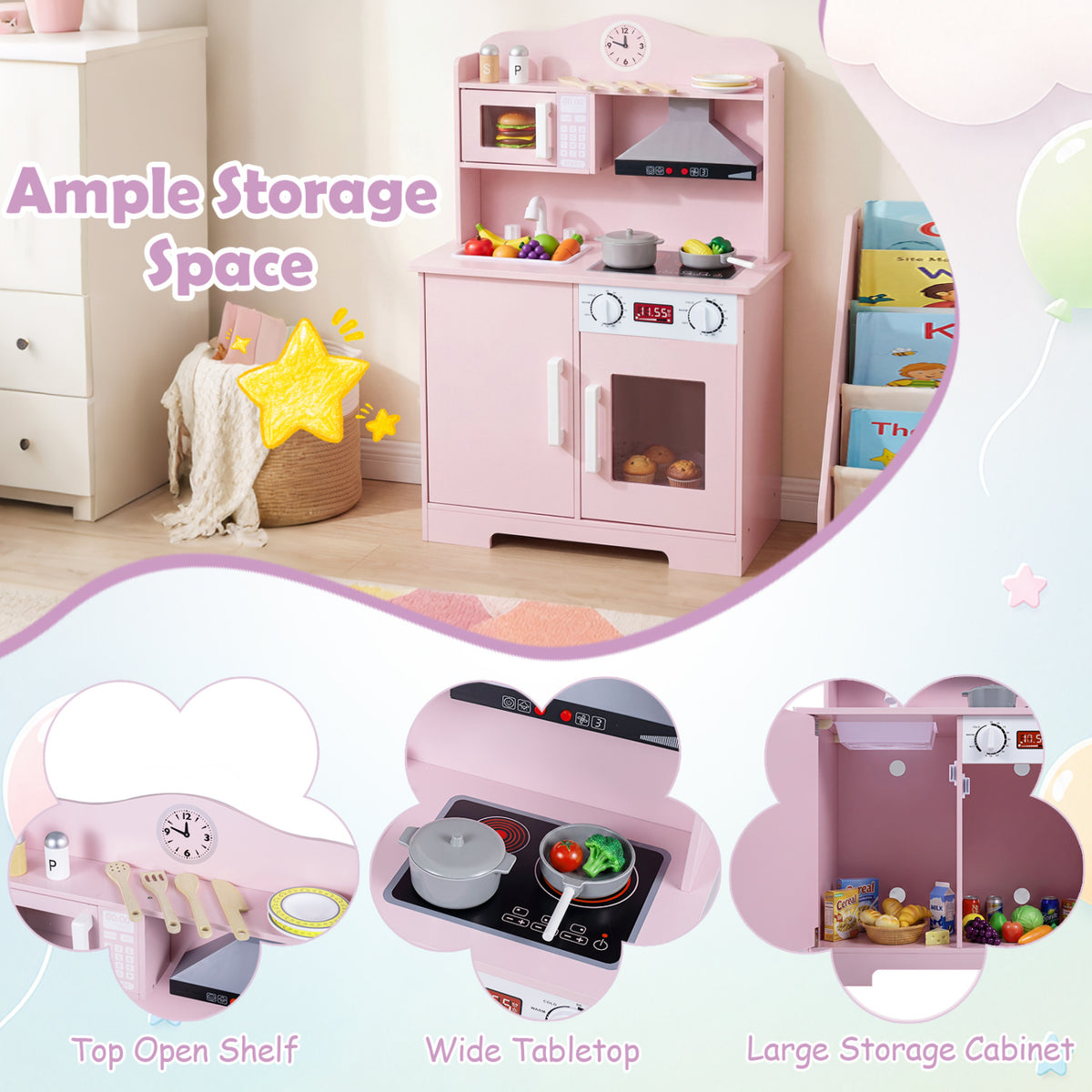 Play Kitchen for Kids Wooden Playset with Range Hood and Microwave