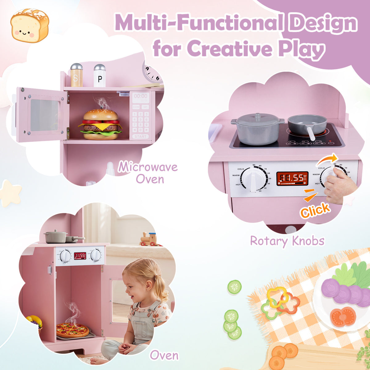 Play Kitchen for Kids Wooden Playset with Range Hood and Microwave