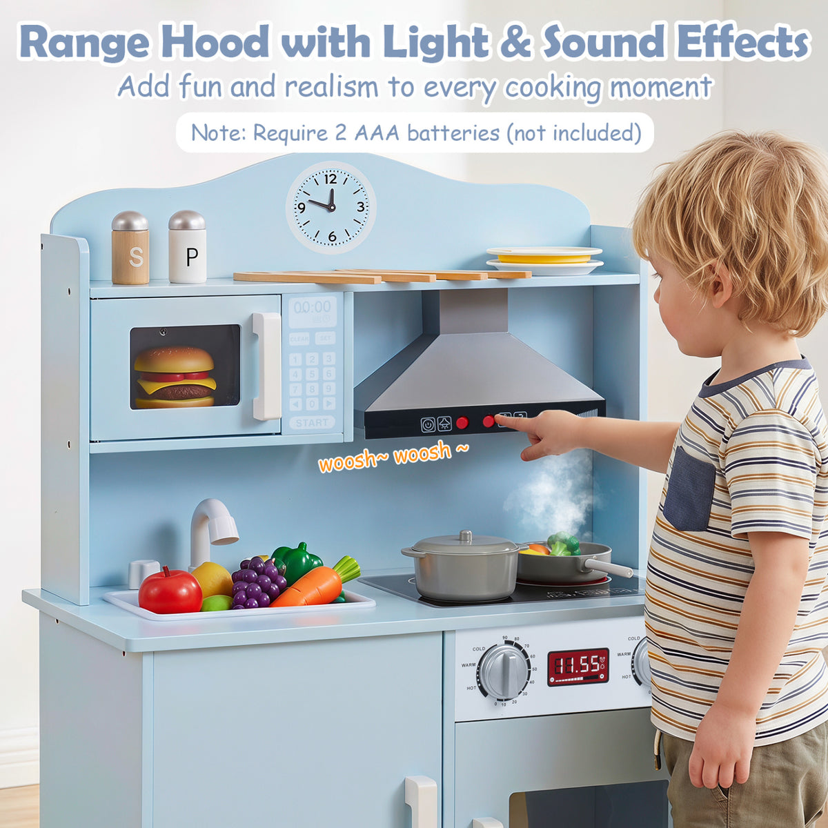 Play Kitchen for Kids Wooden Playset with Range Hood and Microwave