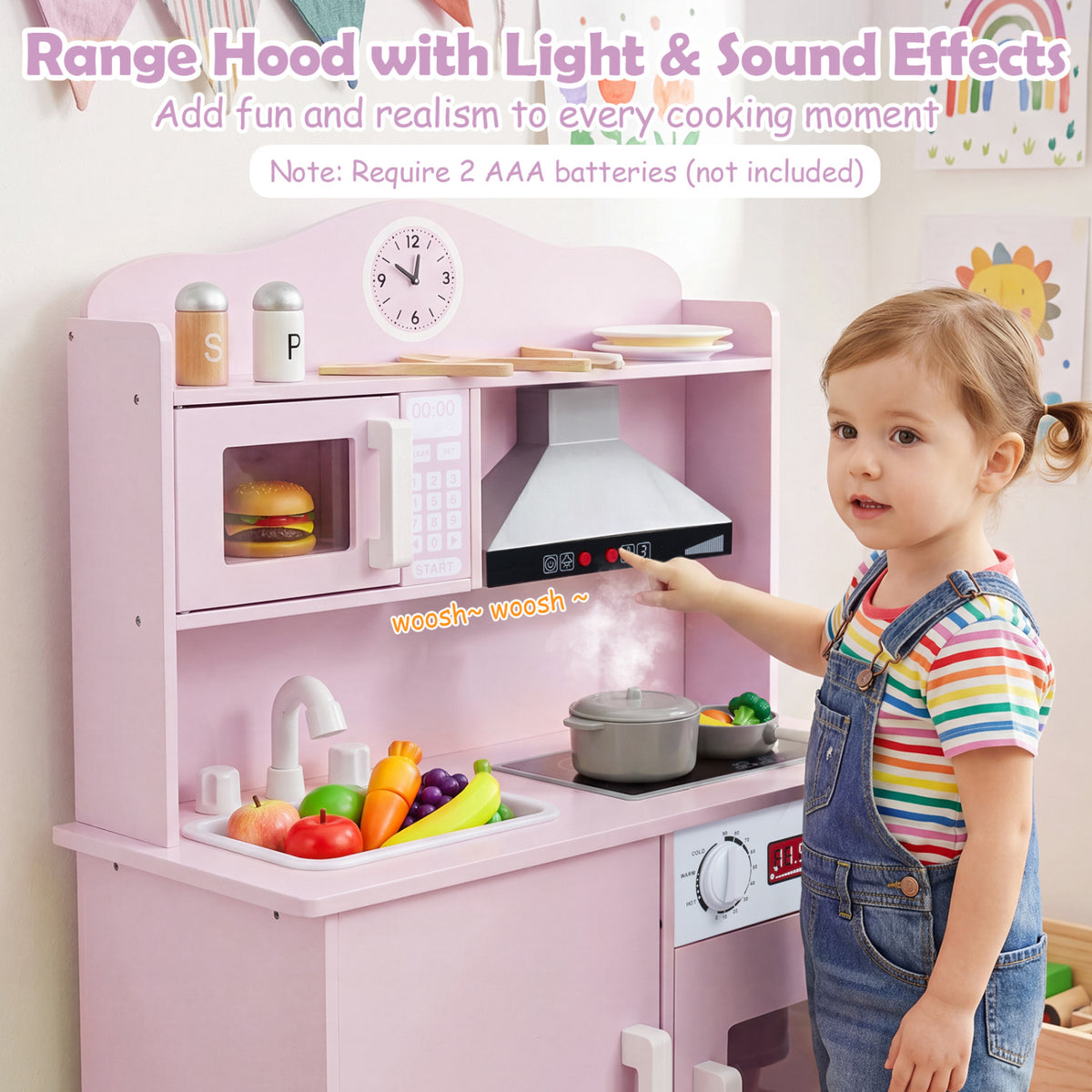 Play Kitchen for Kids Wooden Playset with Range Hood and Microwave