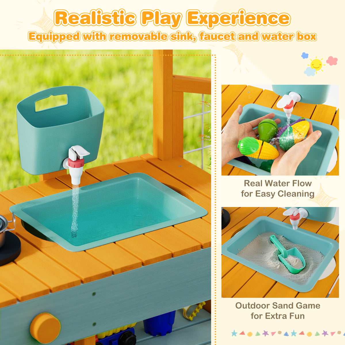 Wooden Kids Mud Kitchen Playset with Sink and Accessories
