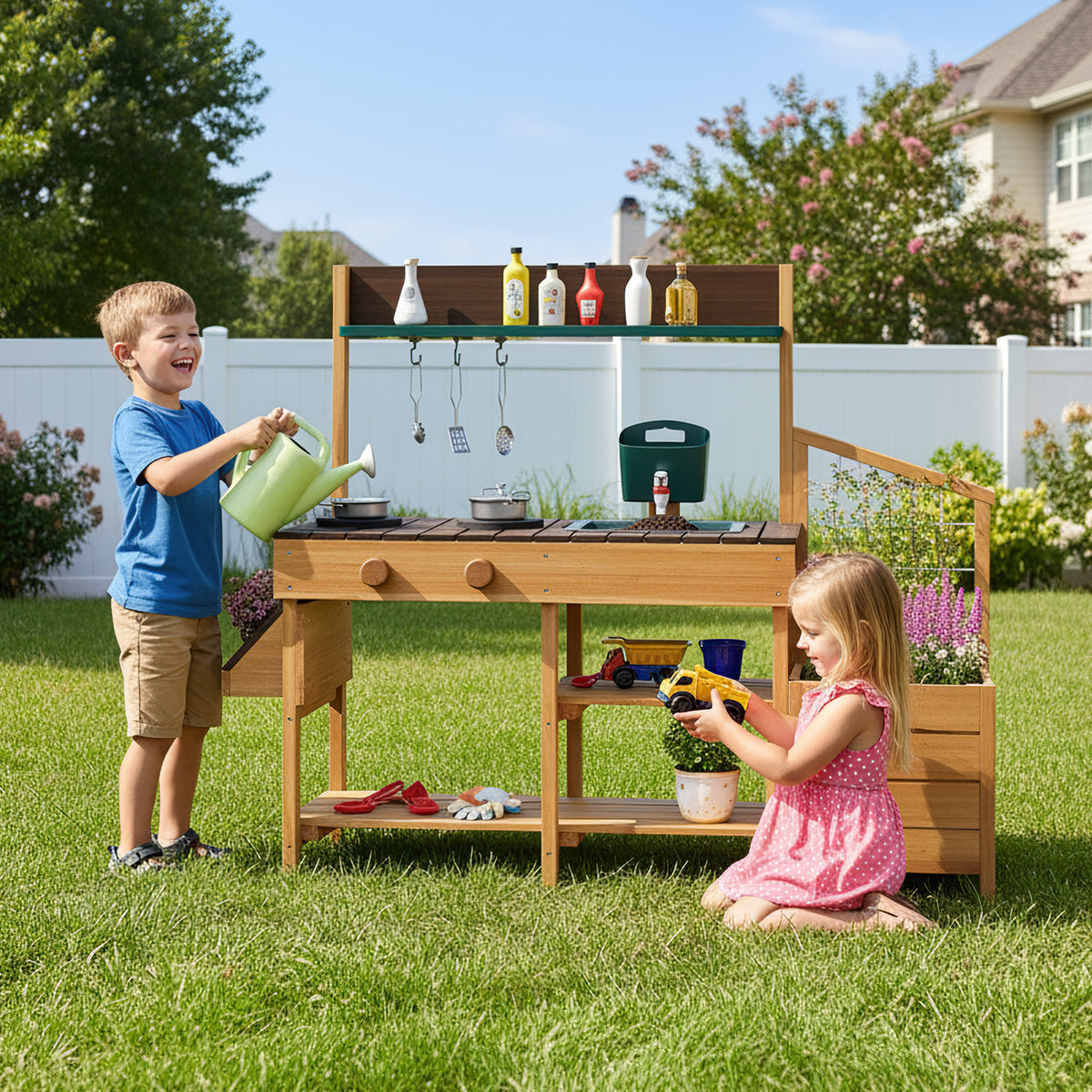 Wooden Kids Mud Kitchen Playset with Sink and Accessories