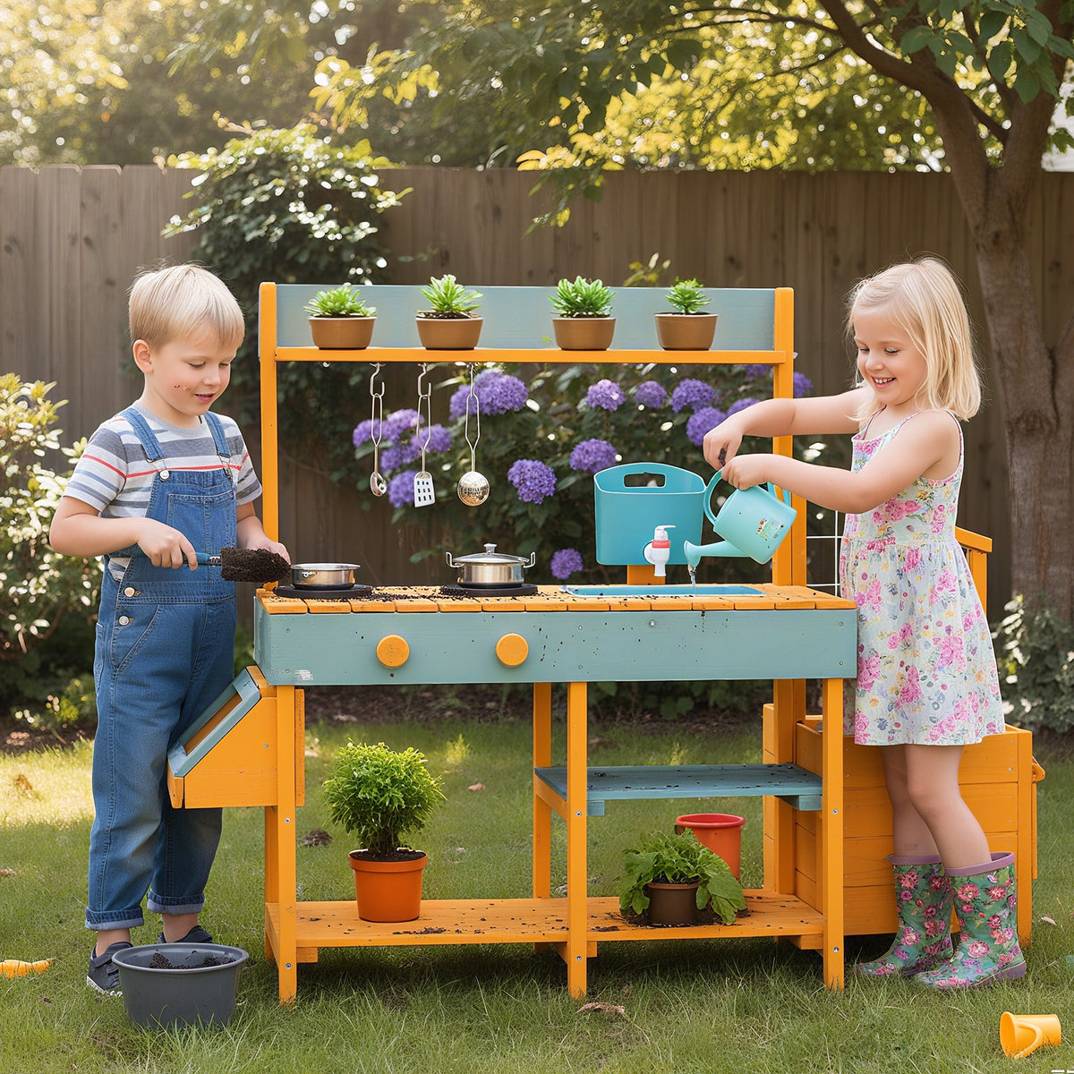 Wooden Kids Mud Kitchen Playset with Sink and Accessories