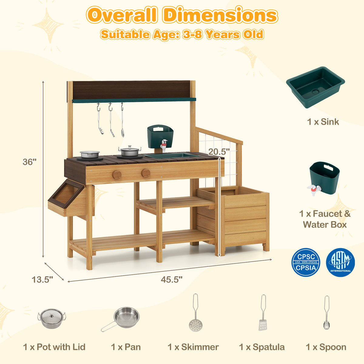 Wooden Kids Mud Kitchen Playset with Sink and Accessories