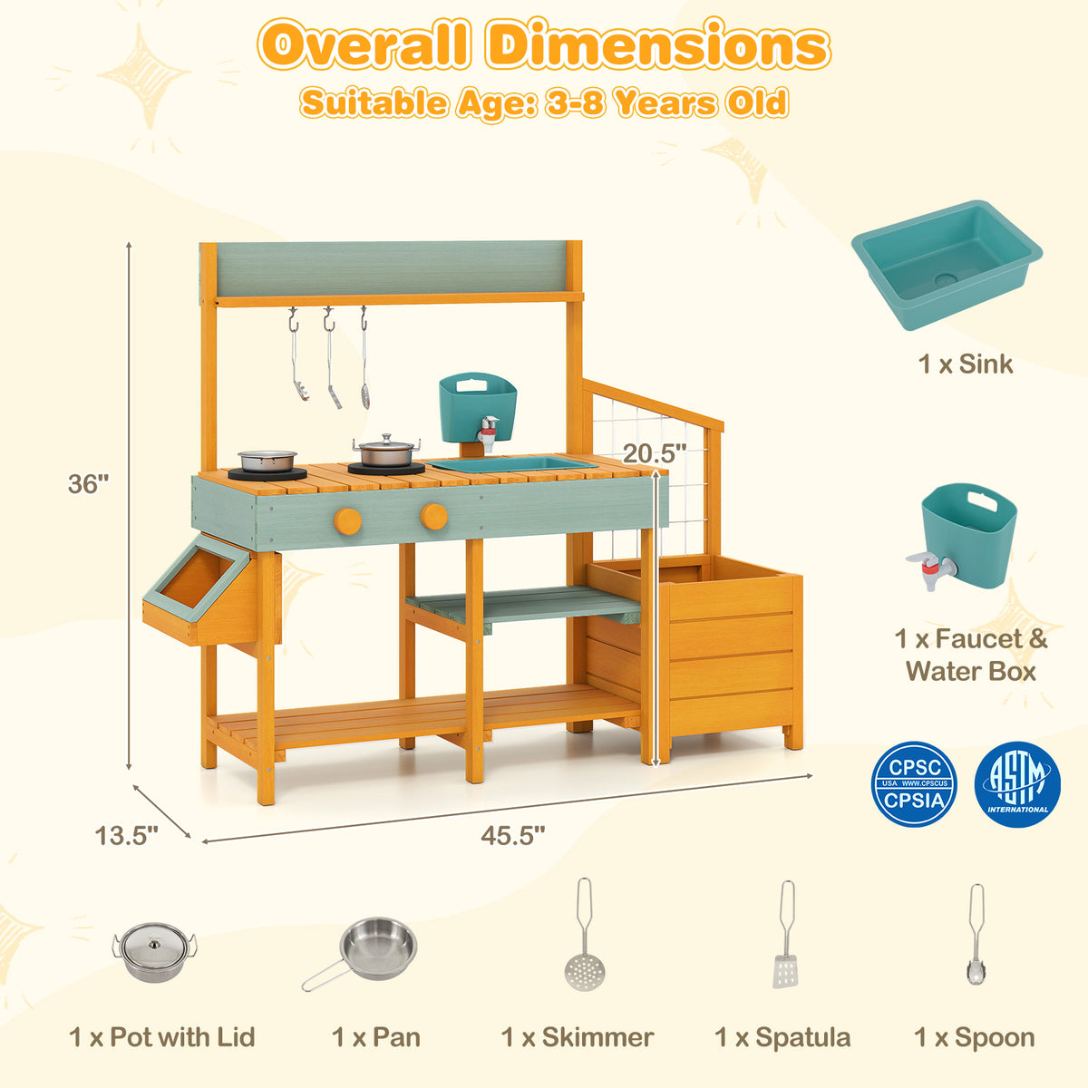 Wooden Kids Mud Kitchen Playset with Sink and Accessories