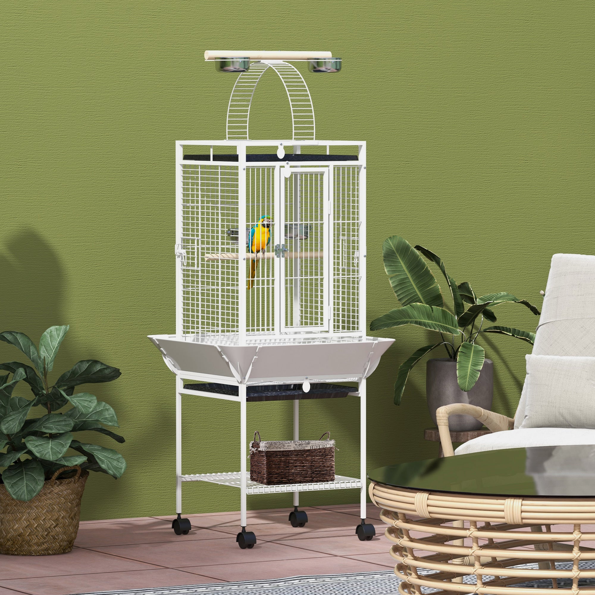 61.5 Inch Bird Cage Parakeet House for Cockatiel with Stand, Pull Out Tray, Play Top, Storage Shelf, Wood Perch, Food Container