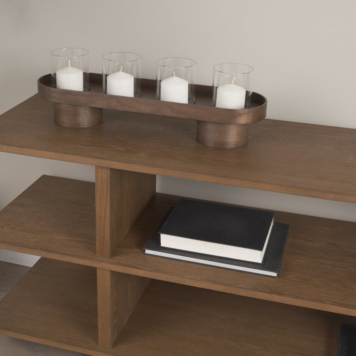Plinth Walnut Wood w/ Glass Candle Holder-Table Candle Holders-DECOROLALA