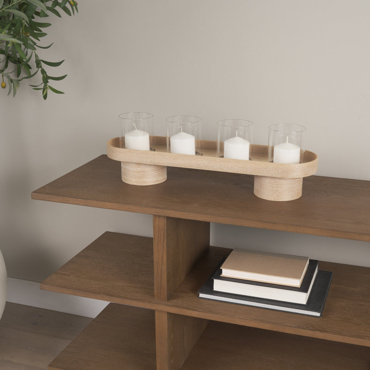 Plinth Walnut Wood with Glass Candle Holder-Candle Holders-DECOROLALA
