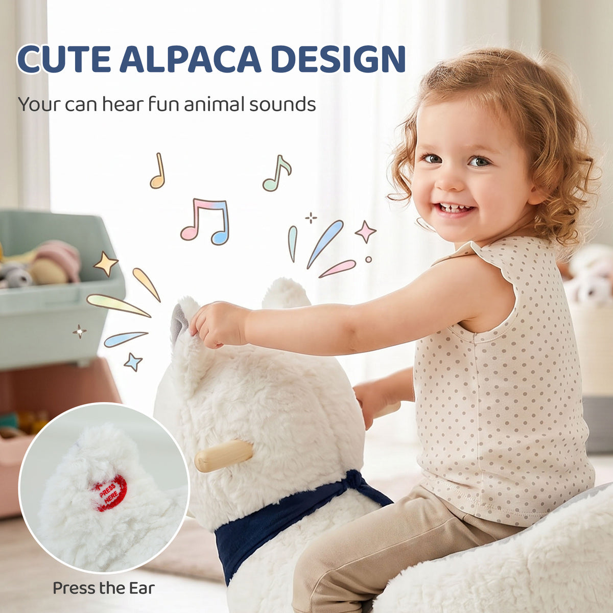 Baby Rocking Horse, Plush Animal Rocker Alpaca with Realistic Sound, Seat Belt, Handle Grip for 12-36 Months, White-Toys & Games > Baby & Toddler Toys > Riding & Rocking Toys > Rocking Horses-DECOROLALA