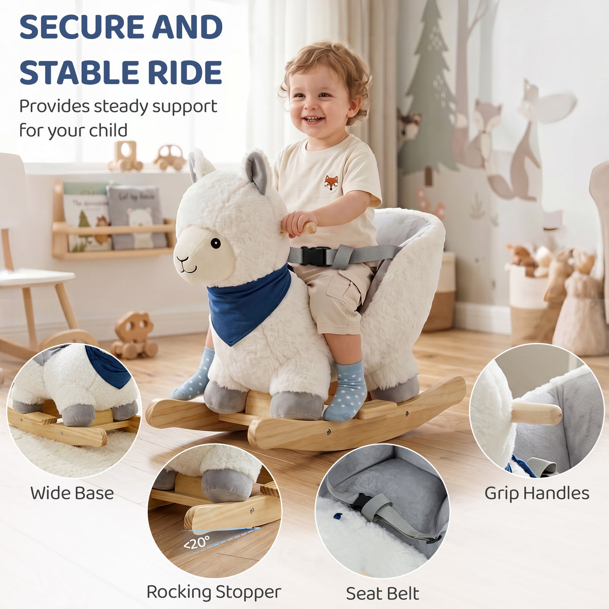 Baby Rocking Horse, Plush Animal Rocker Alpaca with Realistic Sound, Seat Belt, Handle Grip for 12-36 Months, White-Toys & Games > Baby & Toddler Toys > Riding & Rocking Toys > Rocking Horses-DECOROLALA