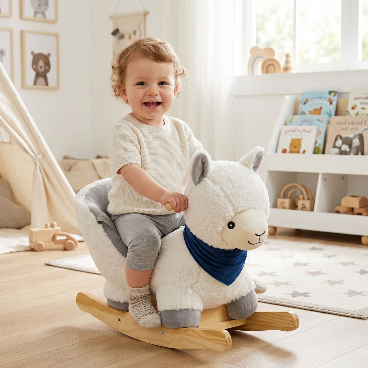 Baby Rocking Horse, Plush Animal Rocker Alpaca with Realistic Sound, Seat Belt, Handle Grip for 12-36 Months, White-Toys & Games > Baby & Toddler Toys > Riding & Rocking Toys > Rocking Horses-DECOROLALA