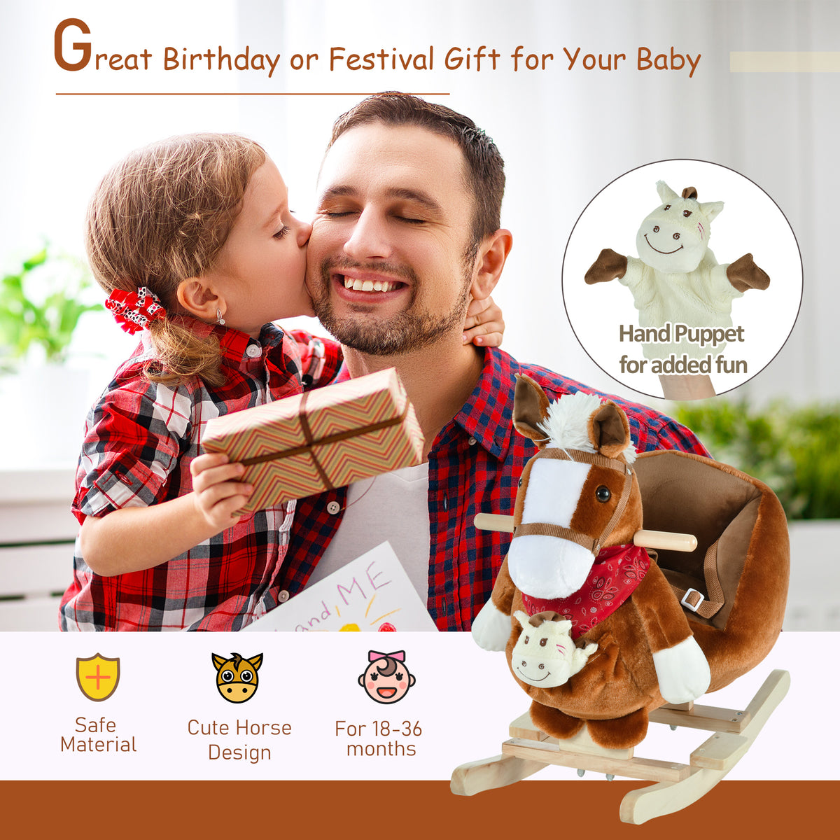 Plush Baby Rocking Horse with Sound - Brown 18-36 Months-Toys & Games > Baby & Toddler Toys > Riding & Rocking Toys > Rocking Horses-DECOROLALA