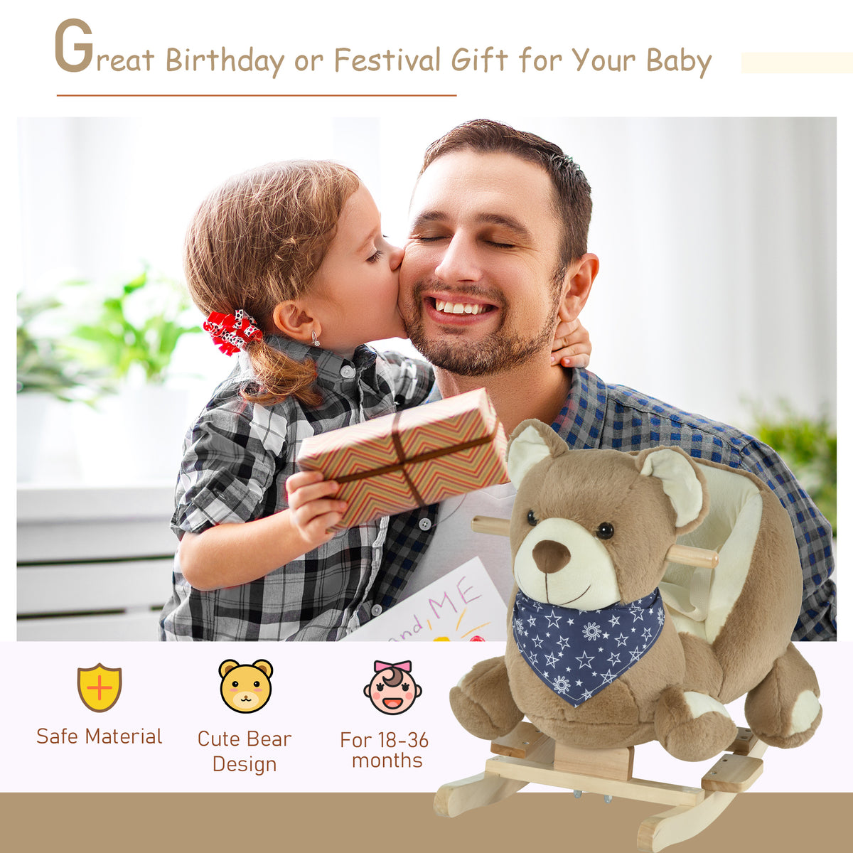 Baby Rocking Horse, Plush Animal Rocker Bear with Sound, Seat Belt, Handle Grip for 18-36 Months, Brown-Toys & Games > Baby & Toddler Toys > Riding & Rocking Toys > Rocking Horses-DECOROLALA