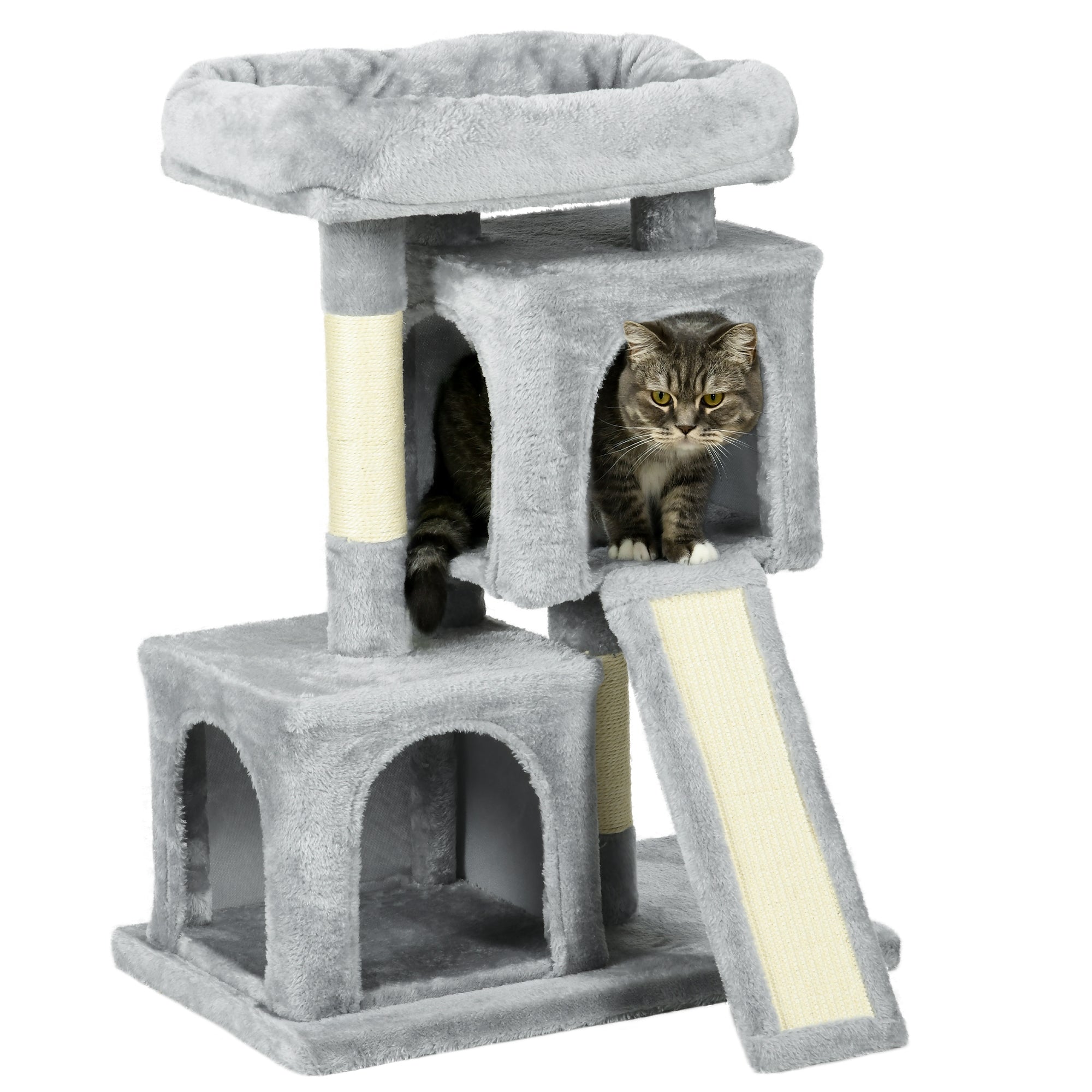 Plush Cat Tree Tower with Sisal Scratching Post & Condo - Light Grey-Cats-DECOROLALA