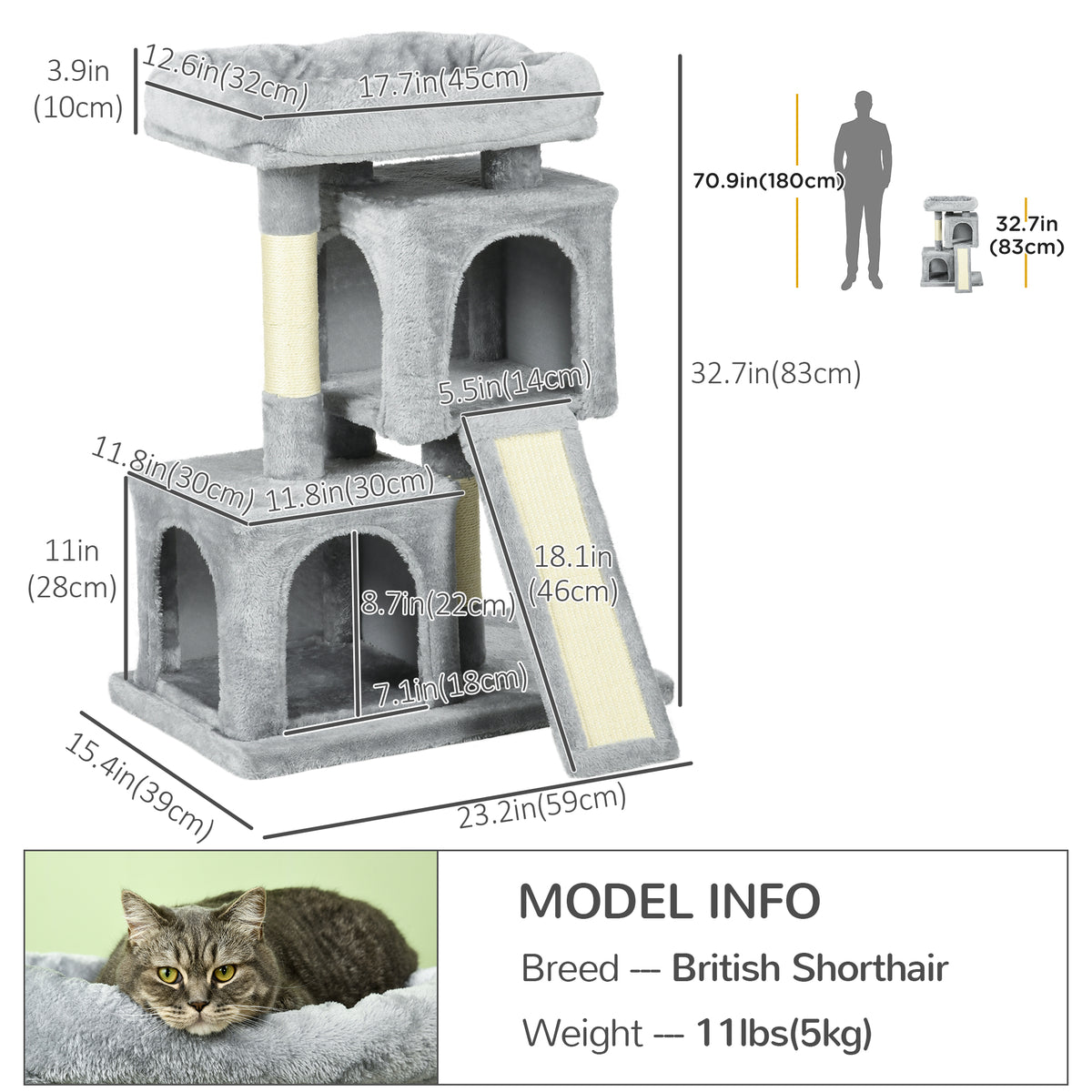 Plush Cat Tree Tower with Sisal Scratching Post & Condo - Light Grey-Cats-DECOROLALA