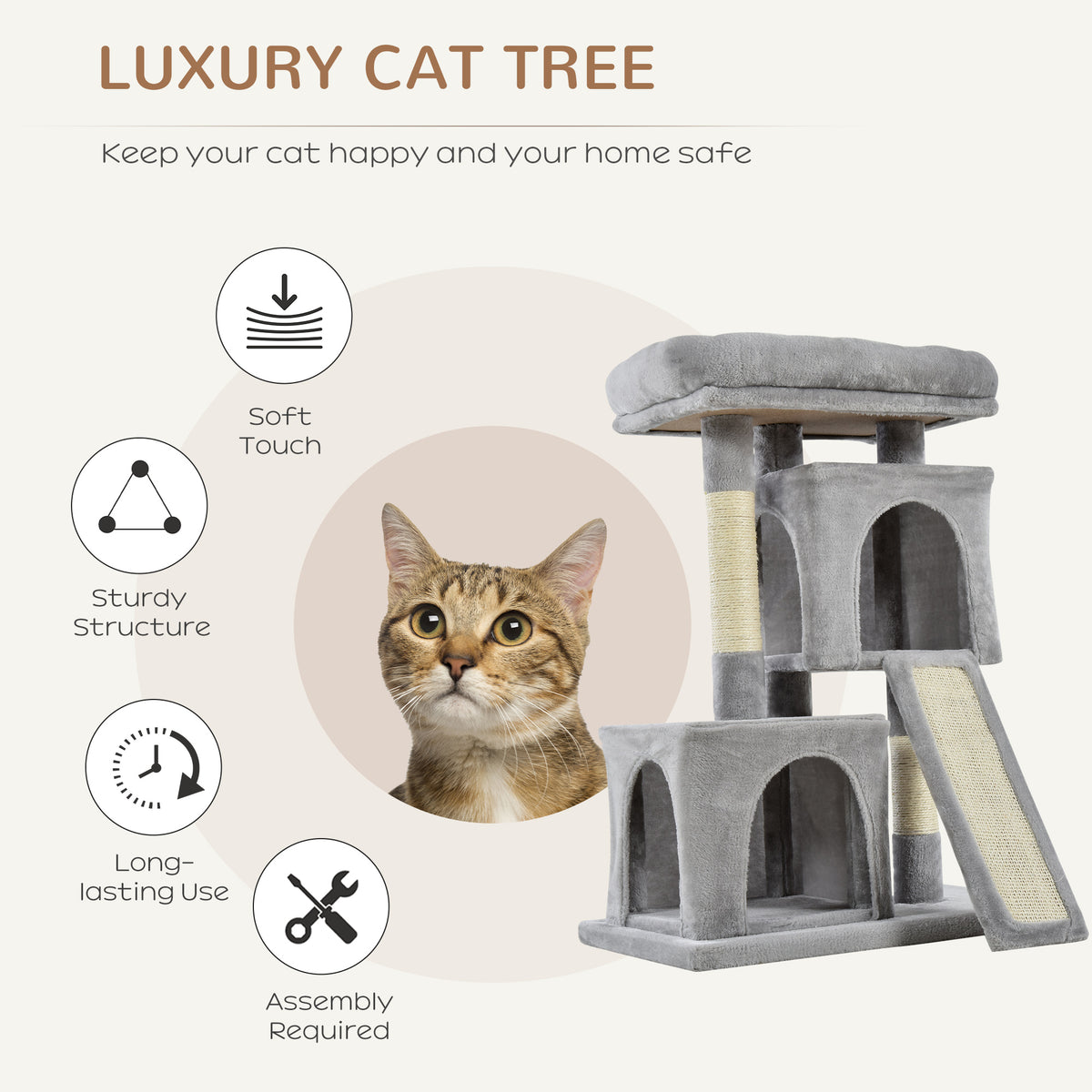 Plush Cat Tree Tower with Sisal Scratching Post & Condo - Light Grey-Cats-DECOROLALA