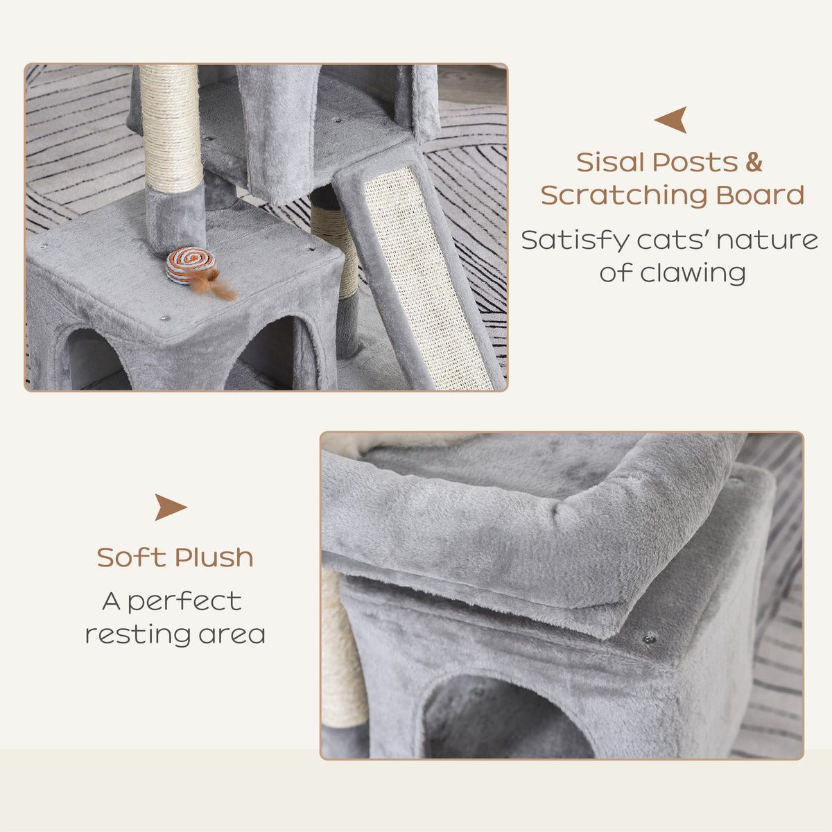 Plush Cat Tree Tower with Sisal Scratching Post & Condo - Light Grey-Cats-DECOROLALA