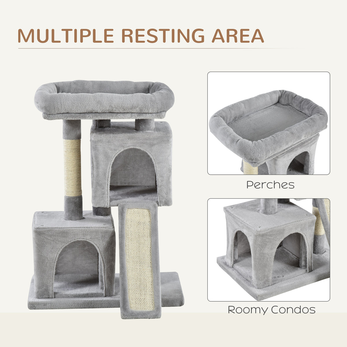 Plush Cat Tree Tower with Sisal Scratching Post & Condo - Light Grey-Cats-DECOROLALA