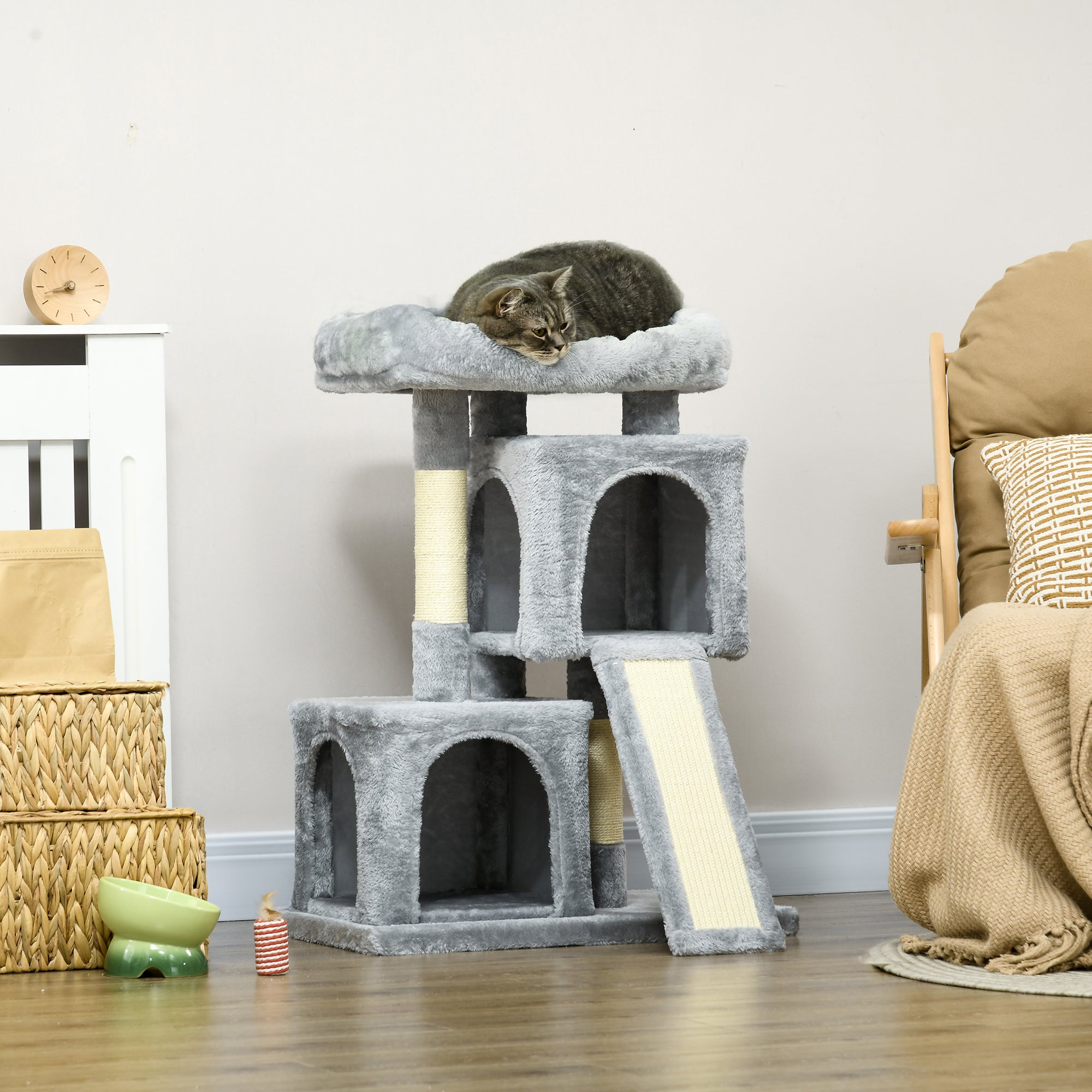 Plush Cat Tree Tower with Sisal Scratching Post & Condo - Light Grey-Cats-DECOROLALA
