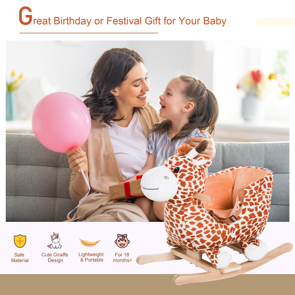 Baby Rocking Horse, Plush Animal Rocker Giraffe with Sound, Handle Grip for 18+ Months, Brown-Toys & Games > Baby & Toddler Toys > Riding & Rocking Toys > Rocking Horses-DECOROLALA
