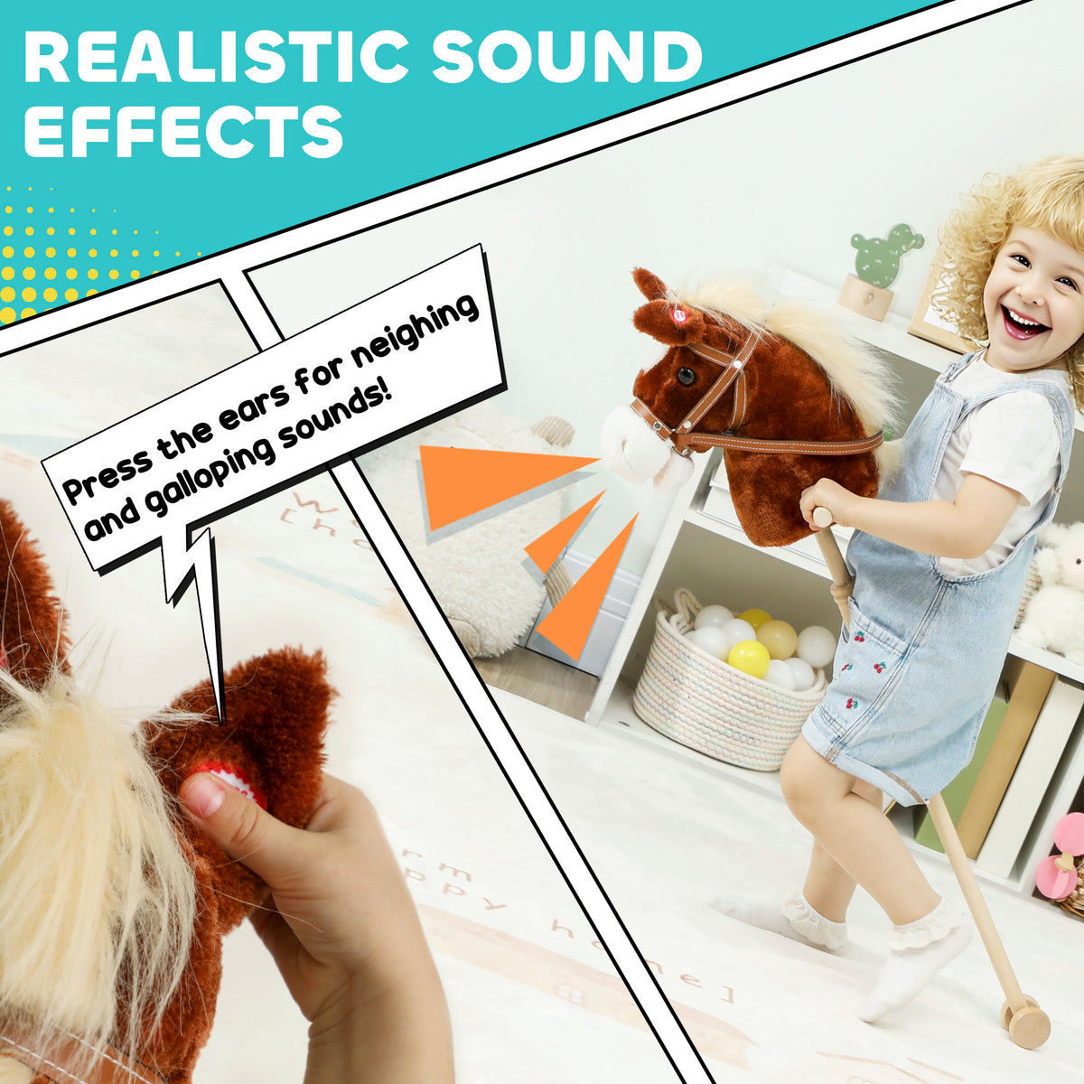 Unicorn Stick Horse, Plush Hobby Horse with Wood Wheels, Real Pony Neighing and Galloping Sounds, for Kids, Brown-Toys & Games > Baby & Toddler Toys > Riding & Rocking Toys > Rocking Horses-DECOROLALA