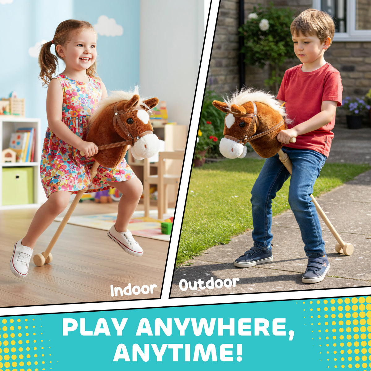 Unicorn Stick Horse, Plush Hobby Horse with Wood Wheels, Real Pony Neighing and Galloping Sounds, for Kids, Brown-Toys & Games > Baby & Toddler Toys > Riding & Rocking Toys > Rocking Horses-DECOROLALA