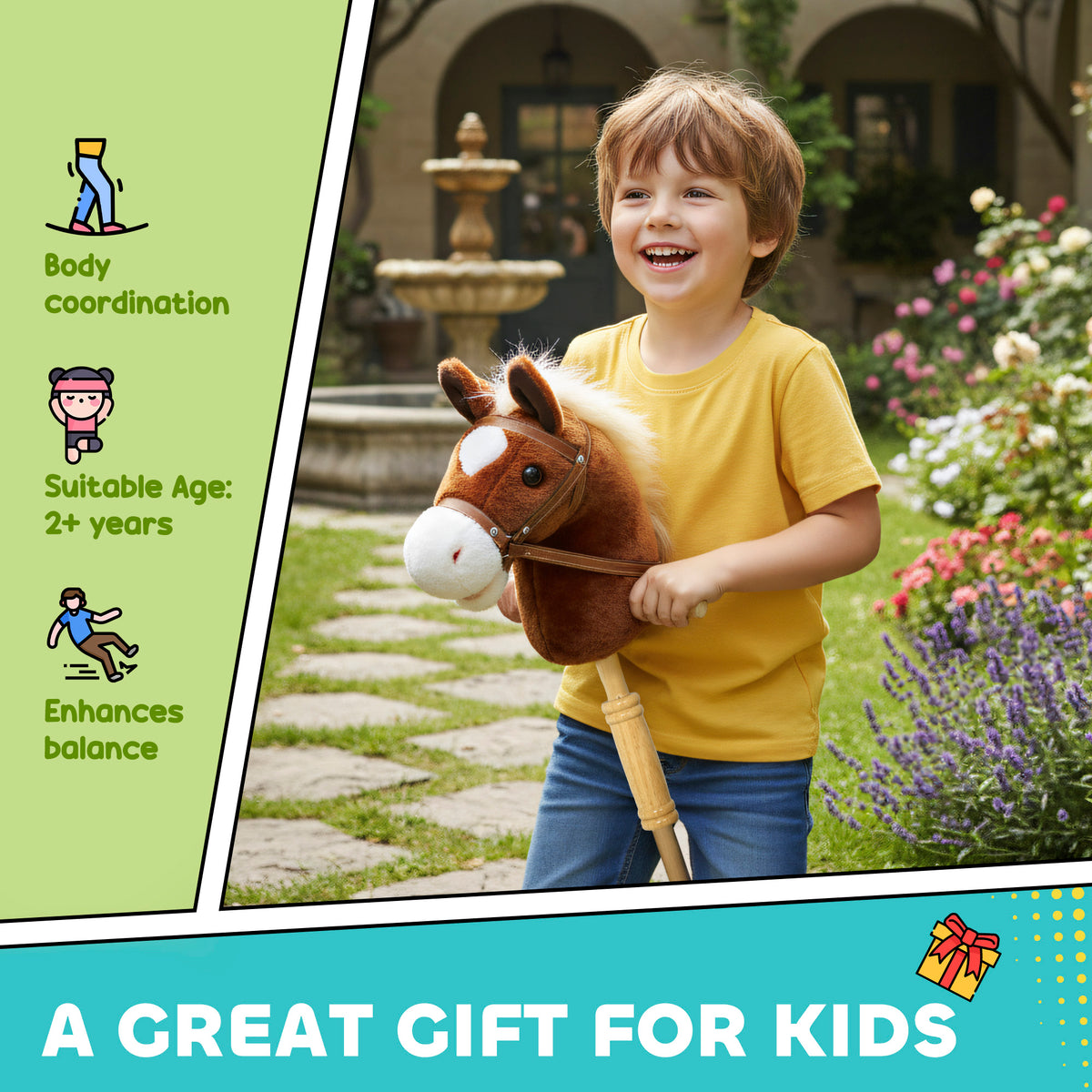 Unicorn Stick Horse, Plush Hobby Horse with Wood Wheels, Real Pony Neighing and Galloping Sounds, for Kids, Brown-Toys & Games > Baby & Toddler Toys > Riding & Rocking Toys > Rocking Horses-DECOROLALA