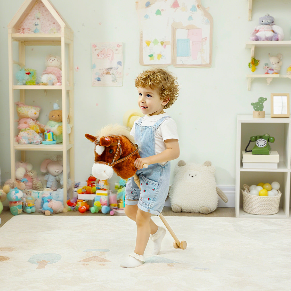 Unicorn Stick Horse, Plush Hobby Horse with Wood Wheels, Real Pony Neighing and Galloping Sounds, for Kids, Brown-Toys & Games > Baby & Toddler Toys > Riding & Rocking Toys > Rocking Horses-DECOROLALA