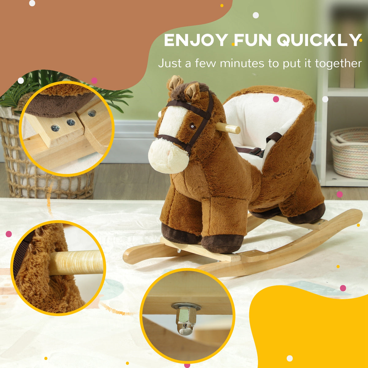 Baby Rocking Horse, Plush Animal Rocker with Sound, Handle Grip for 18-36 Months, Brown-Toys & Games > Baby & Toddler Toys > Riding & Rocking Toys > Rocking Horses-DECOROLALA