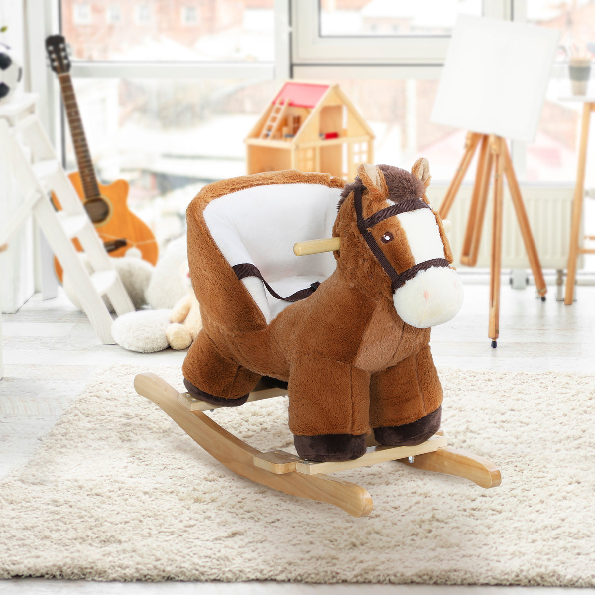 Baby Rocking Horse, Plush Animal Rocker with Sound, Handle Grip for 18-36 Months, Brown-Toys & Games > Baby & Toddler Toys > Riding & Rocking Toys > Rocking Horses-DECOROLALA