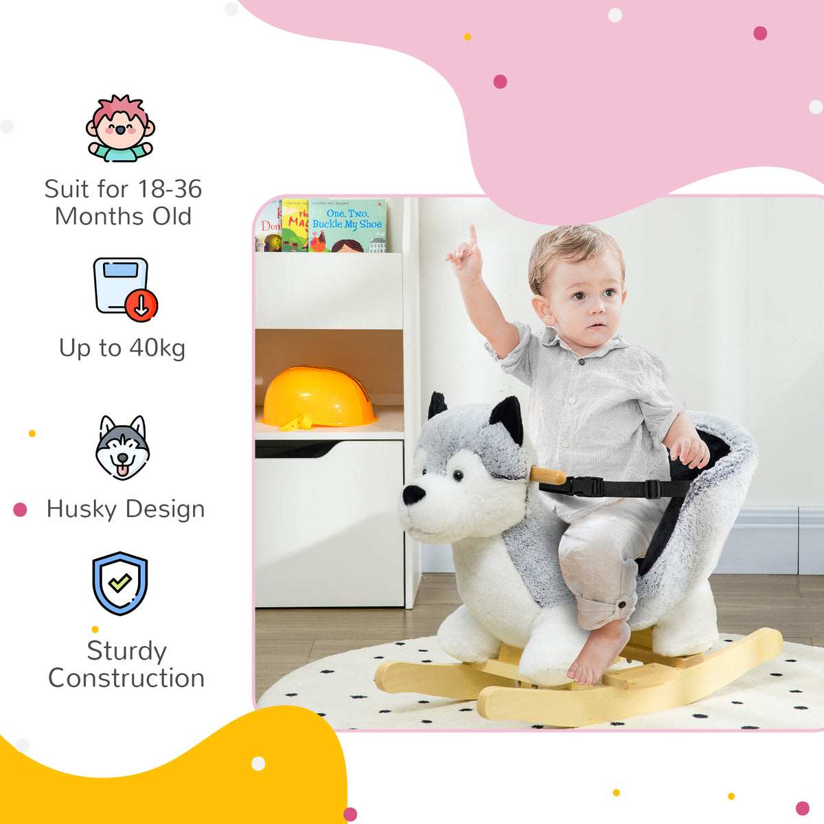 Baby Rocking Horse, Plush Animal Rocker Husky with Sound, Handle Grip for 18+ Months, Grey-Toys & Games > Baby & Toddler Toys > Riding & Rocking Toys > Rocking Horses-DECOROLALA