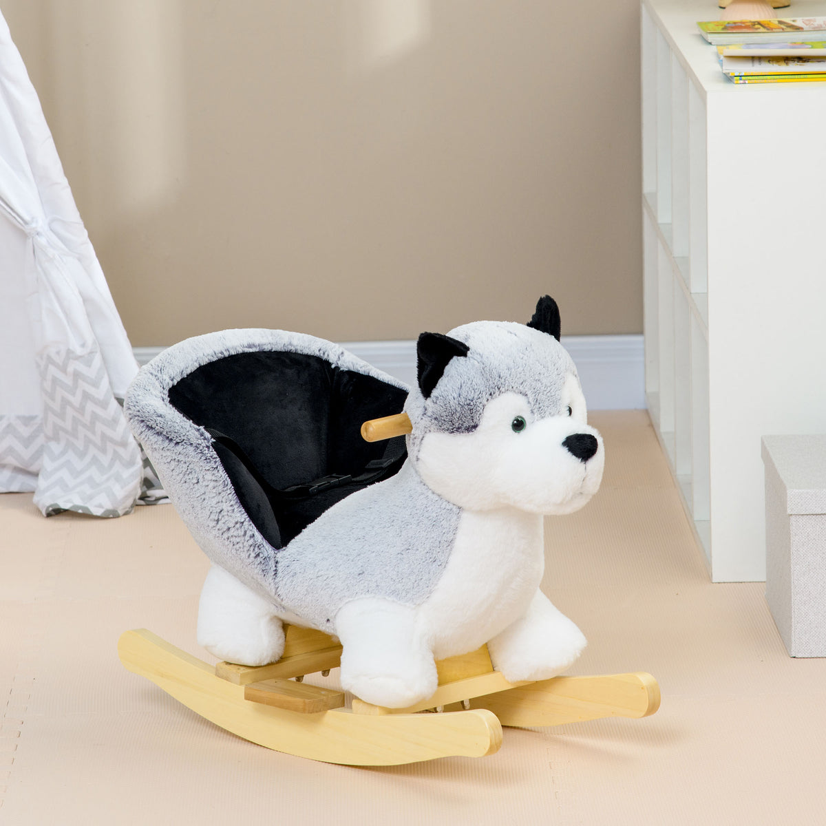 Baby Rocking Horse, Plush Animal Rocker Husky with Sound, Handle Grip for 18+ Months, Grey-Toys & Games > Baby & Toddler Toys > Riding & Rocking Toys > Rocking Horses-DECOROLALA